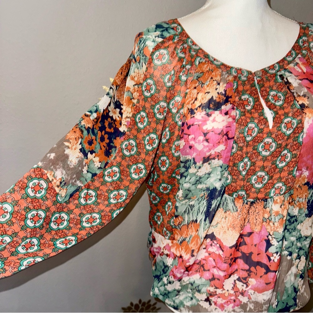 Fig & Flower Women’s‎ Sheer Floral Orange Pink Green BOHO Chic Casual Blouse Top - Picture 6 of 13